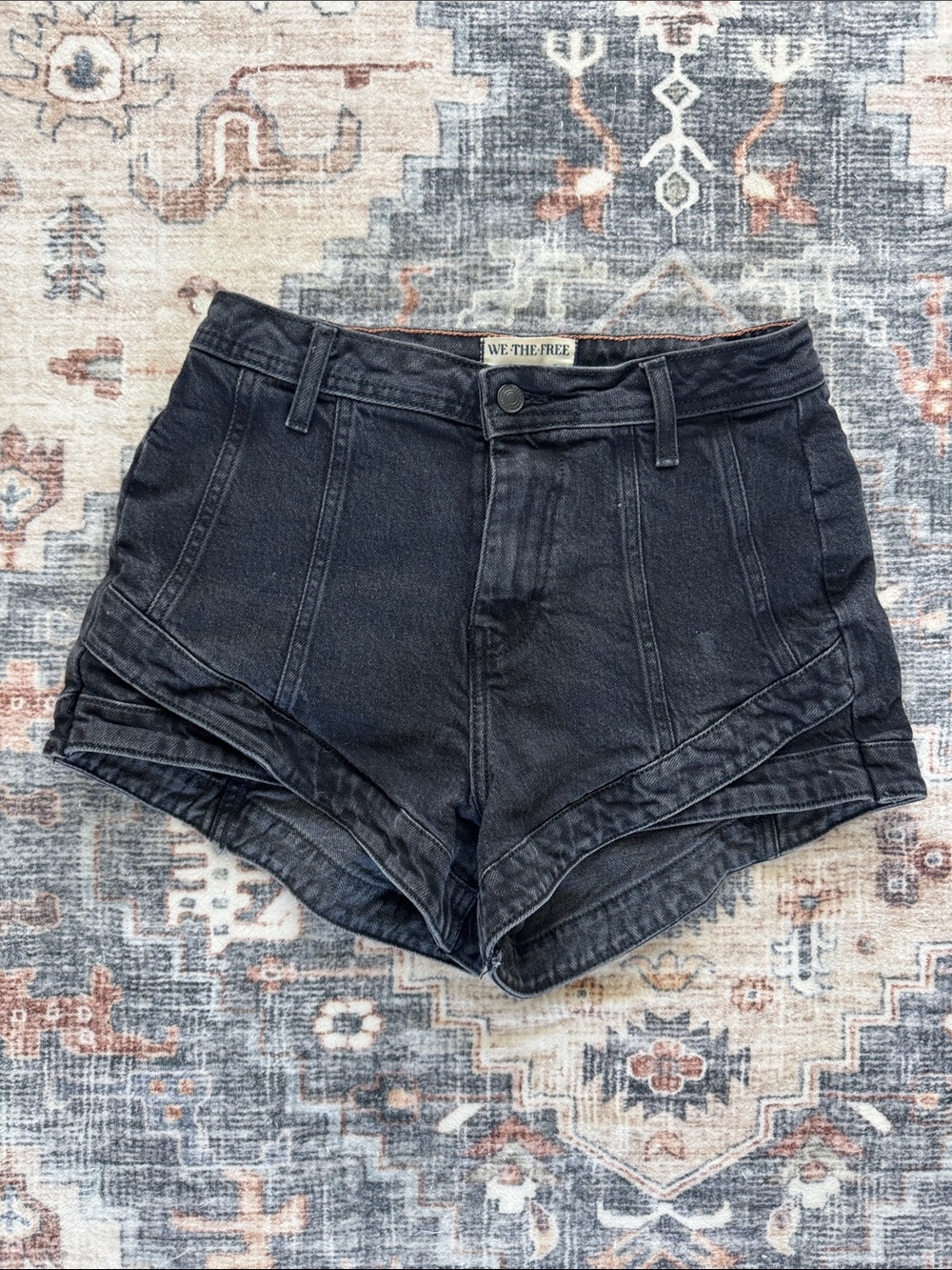 Free People We the Free Curvy Black High Waist Panelled Denim Shorts